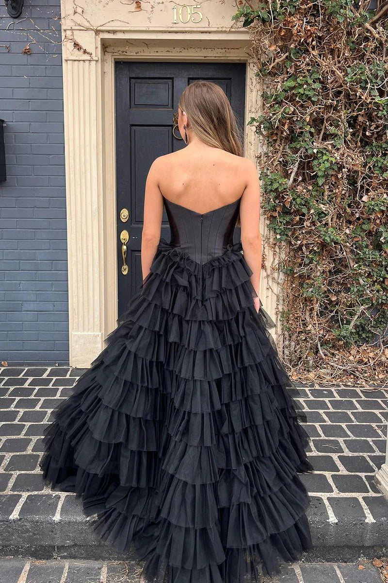 Sweetheart Black Tulle Cute Ball Gown Long Prom Dresses with Slit